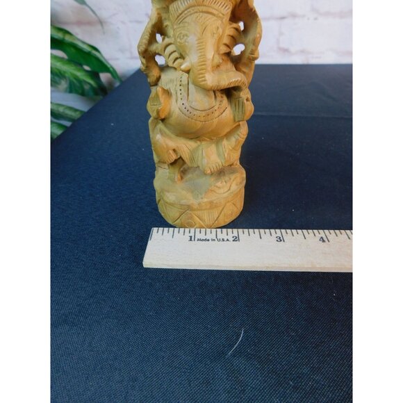 Vintage Hand-Carved Wood Ganesh Idol Elephant God Statue with Umbrella 6.25" - Picture 10 of 10